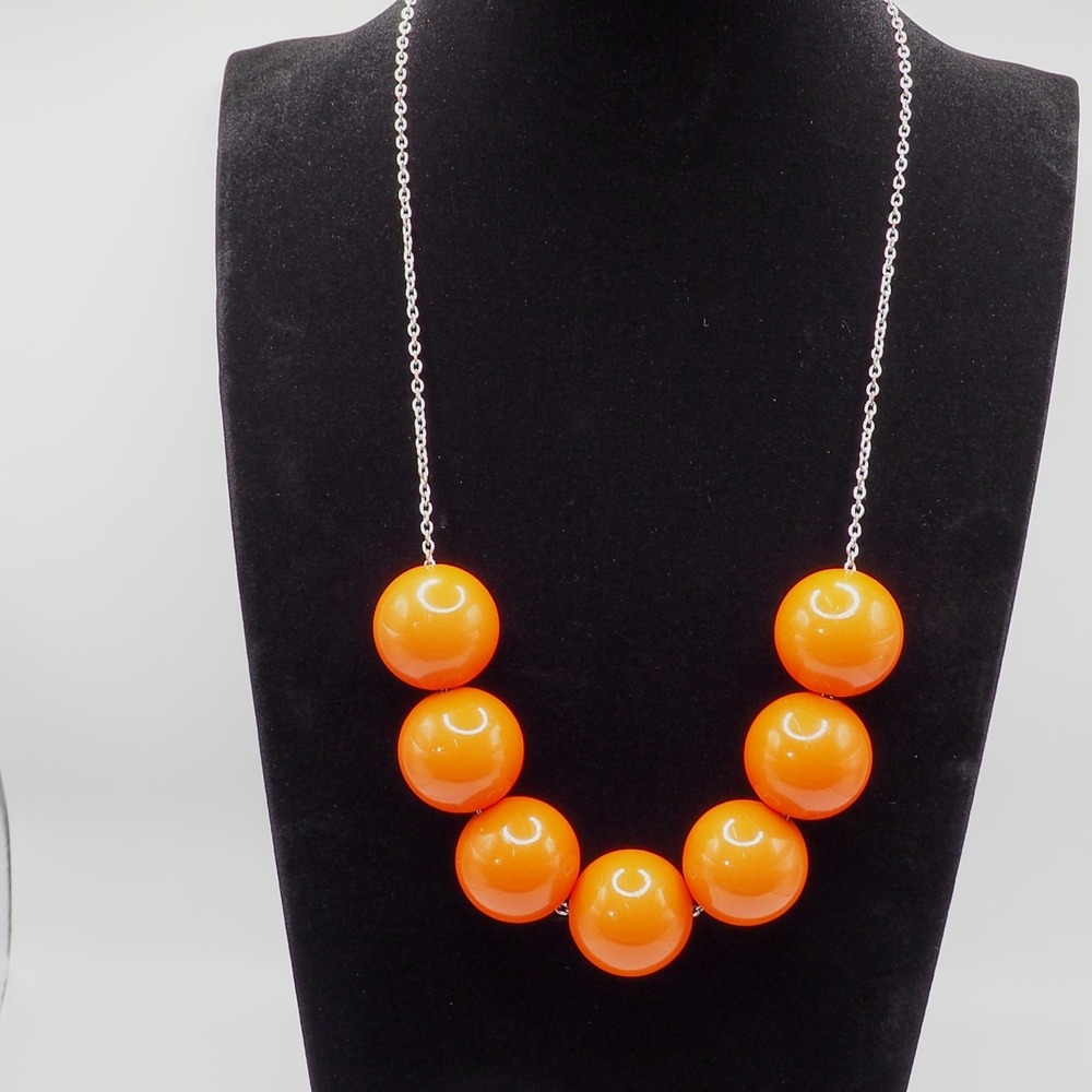 Chunky Orange Bubble Bead Statement Necklace Gumball Silver Tone Chain Extender